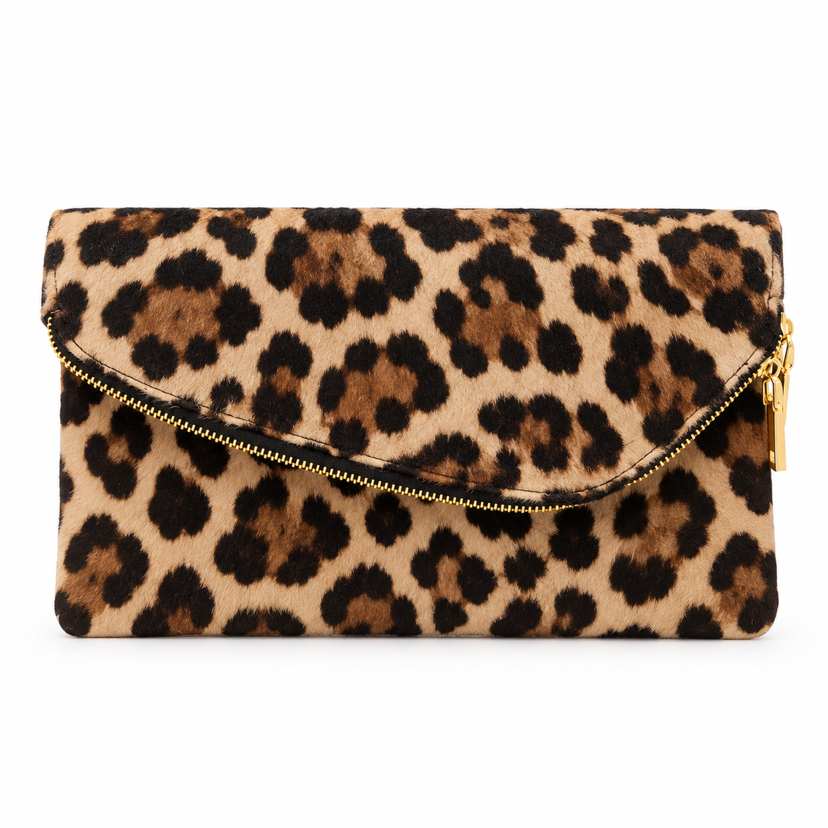 Leopard print foldover clutch bag with gold zipper hardware on white background