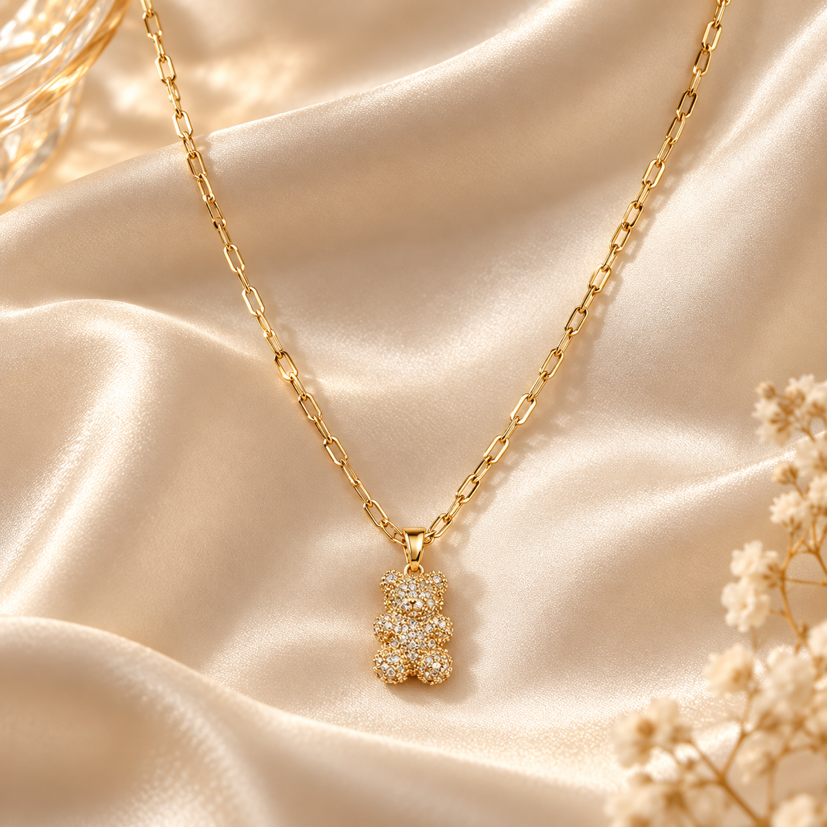 Bling Bear Gold Pavé Teddy Bear Pendant Necklace