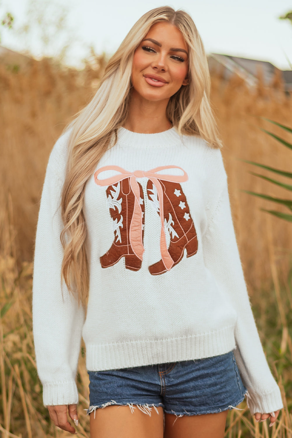 Boots & Bows Embroidered Graphic Sweater