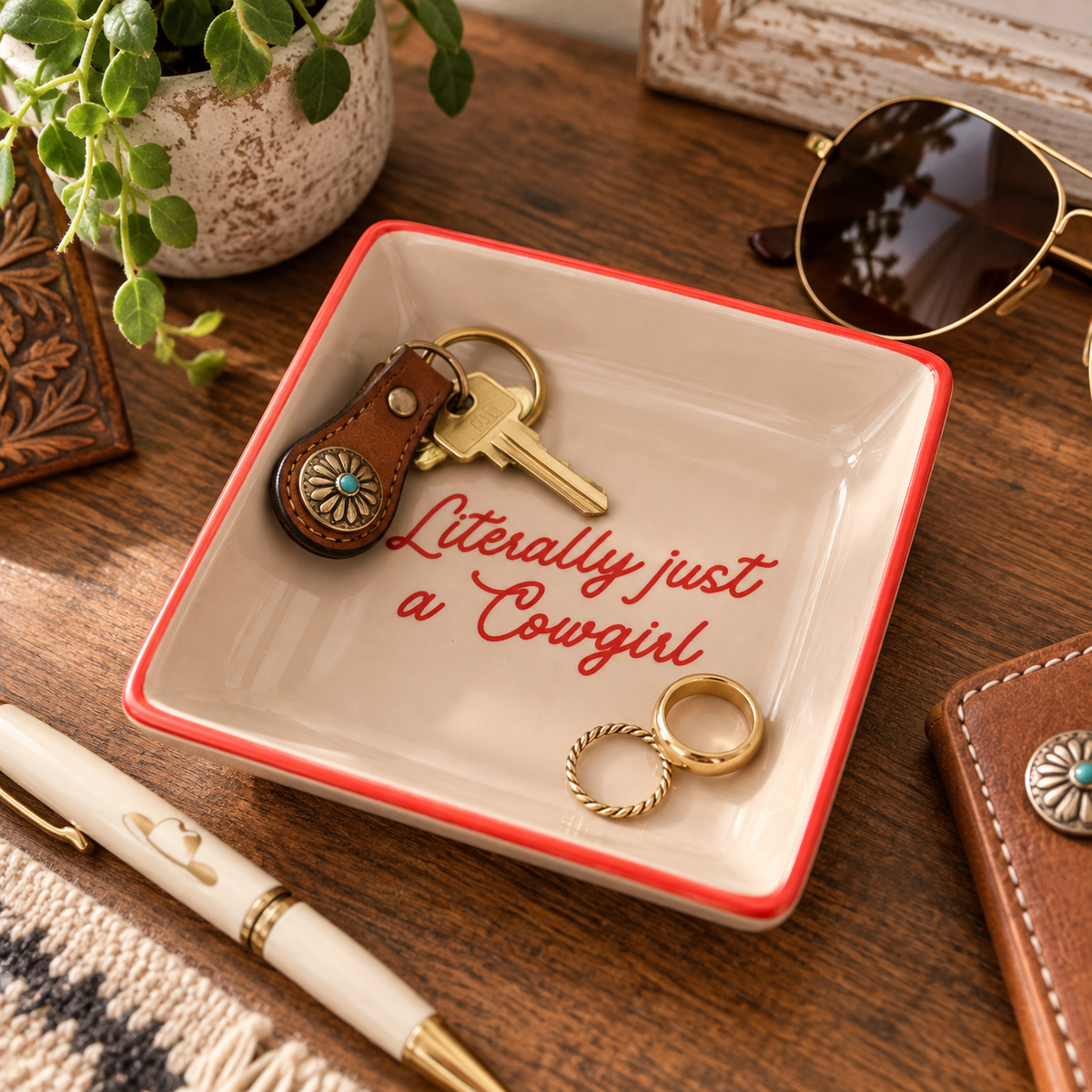 Literally Just A Cowgirl catchall tray holding keys and rings on a western-inspired entryway table