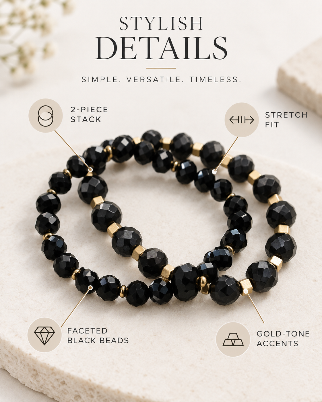 Midnight Gold Beaded Bracelet Stack