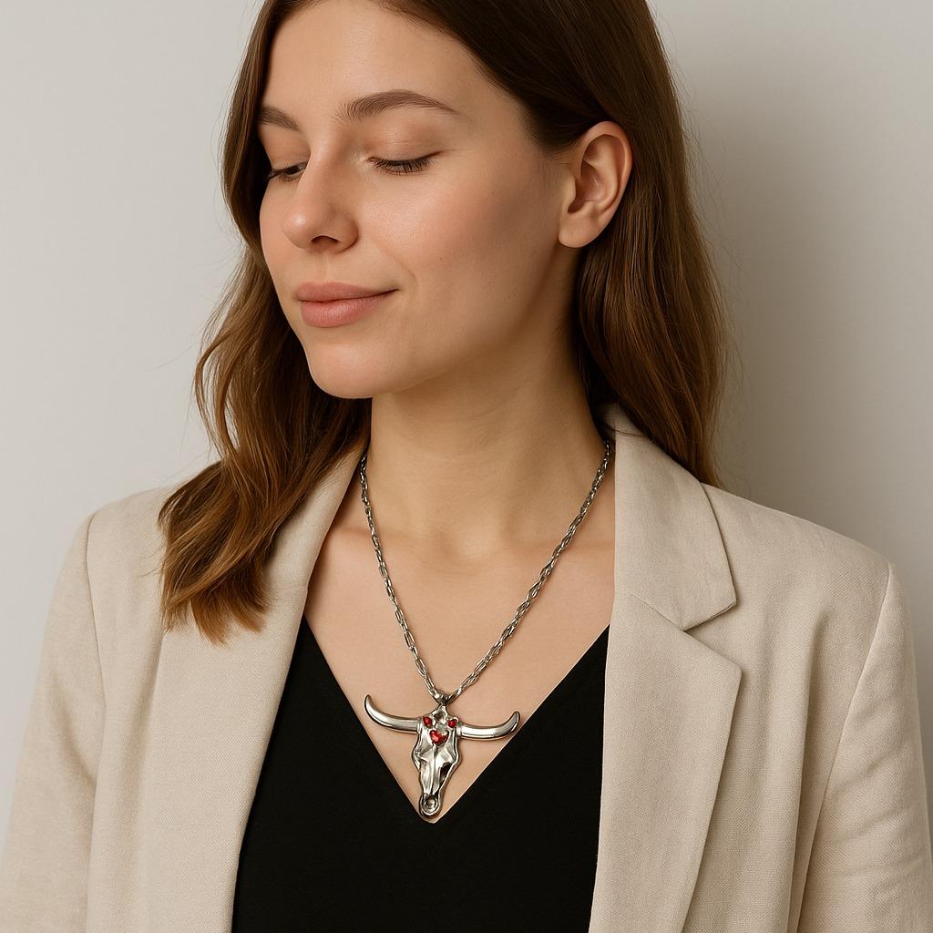 Dressed Up Bull Skull Long Statement Necklace