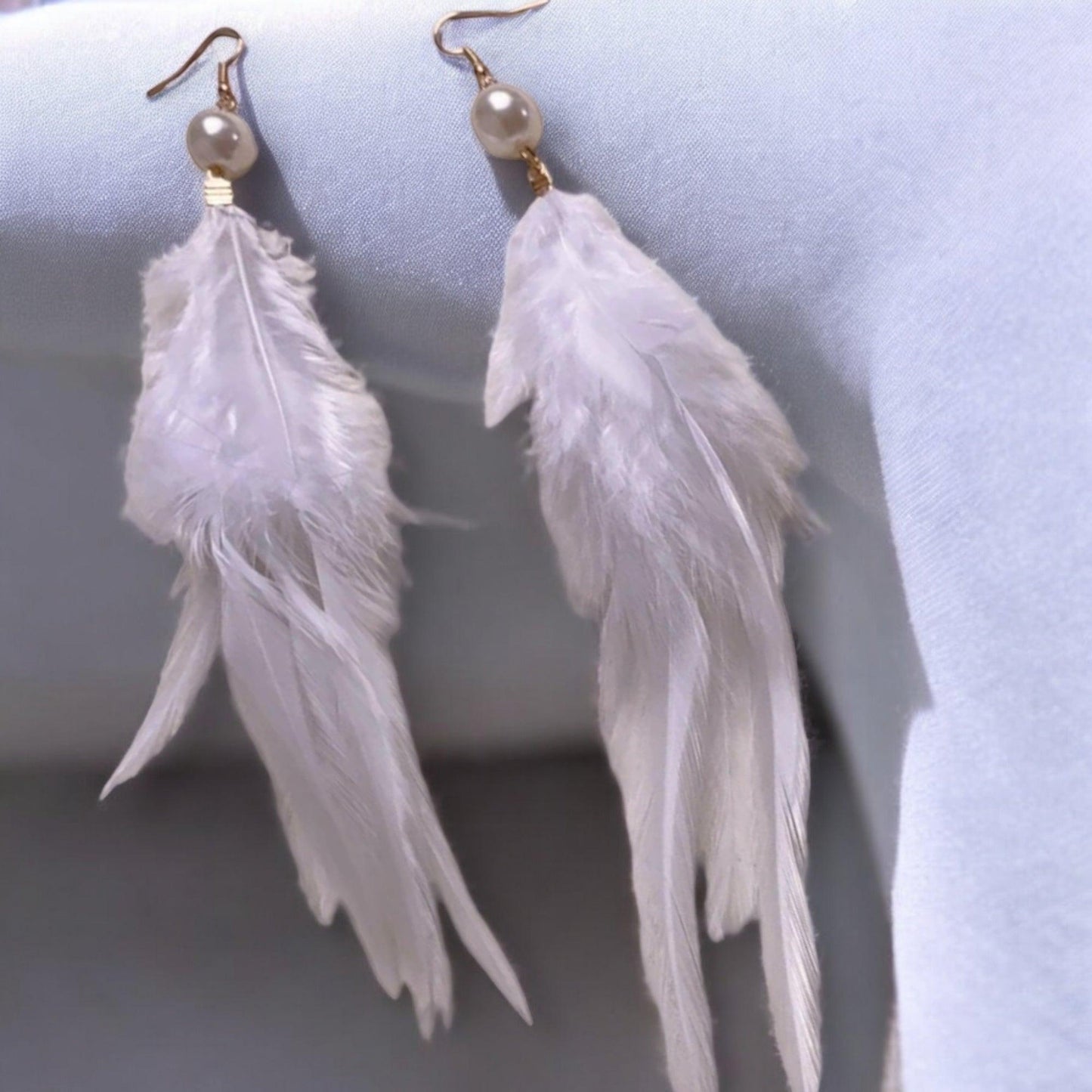 Into The Wind Faux Pearl and Feather Drop Earrings