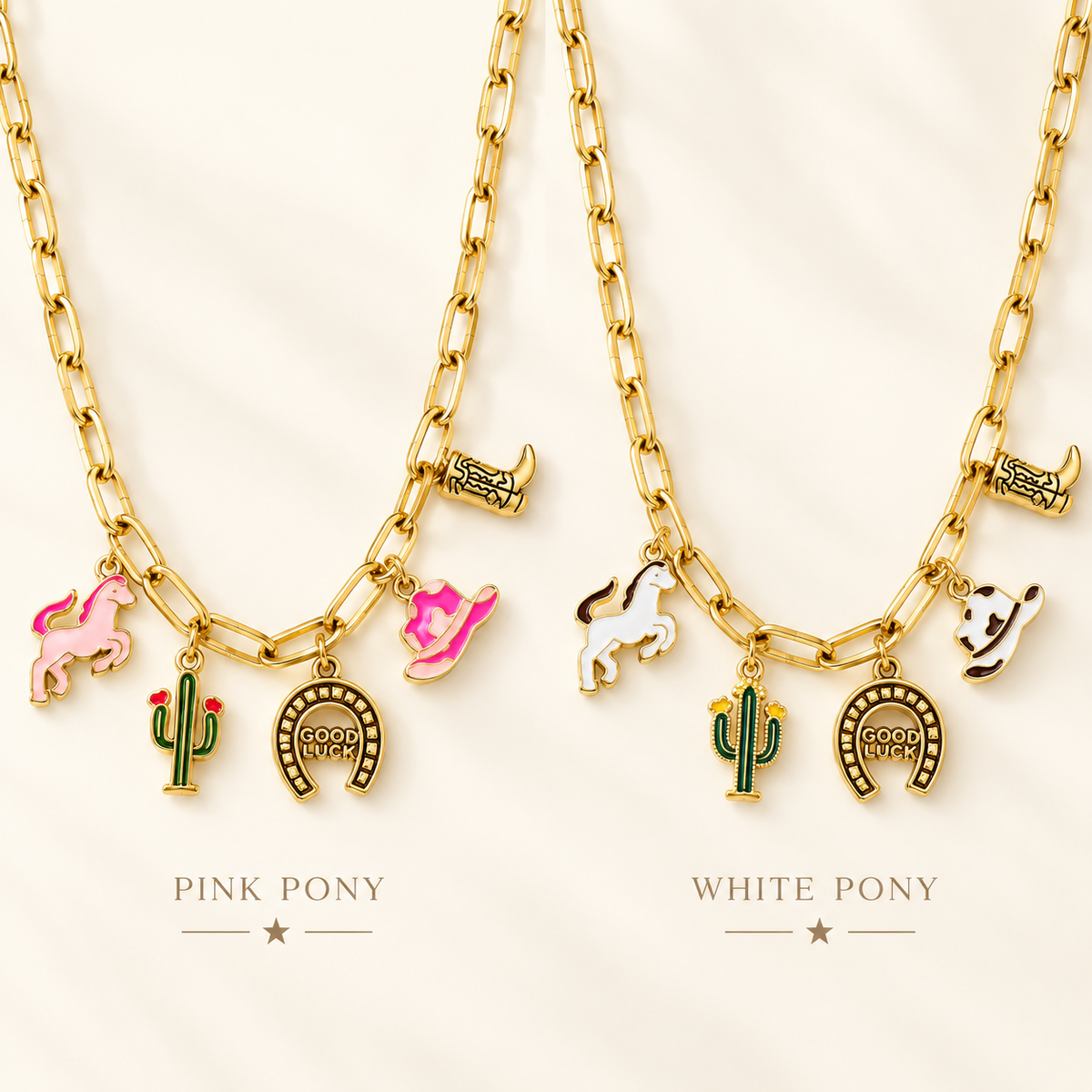 Pink pony and white pony golden rodeo western charm necklace variants displayed side by side