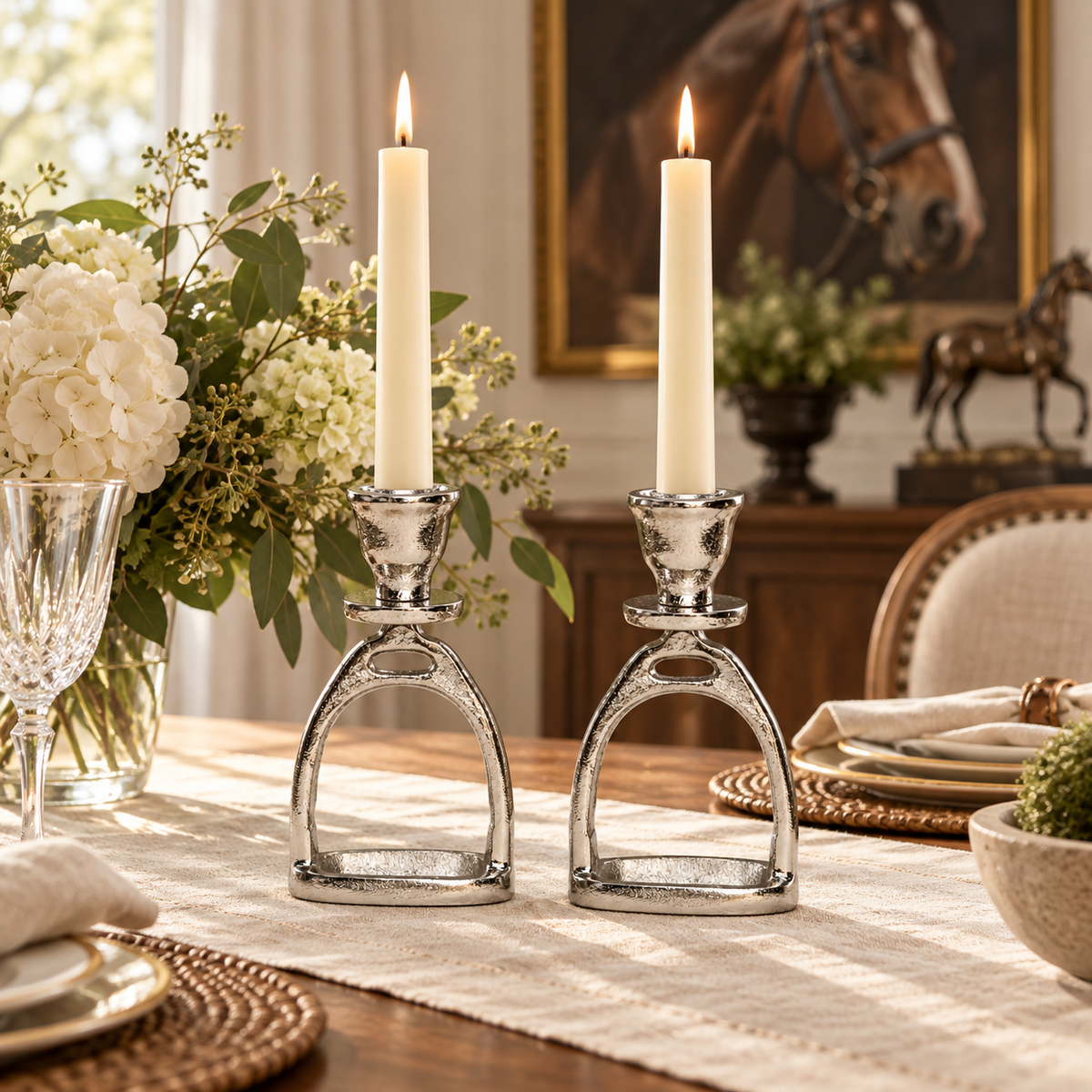 Huntley Equestrian Silver Stirrup Candlestick Holders – Set of 2