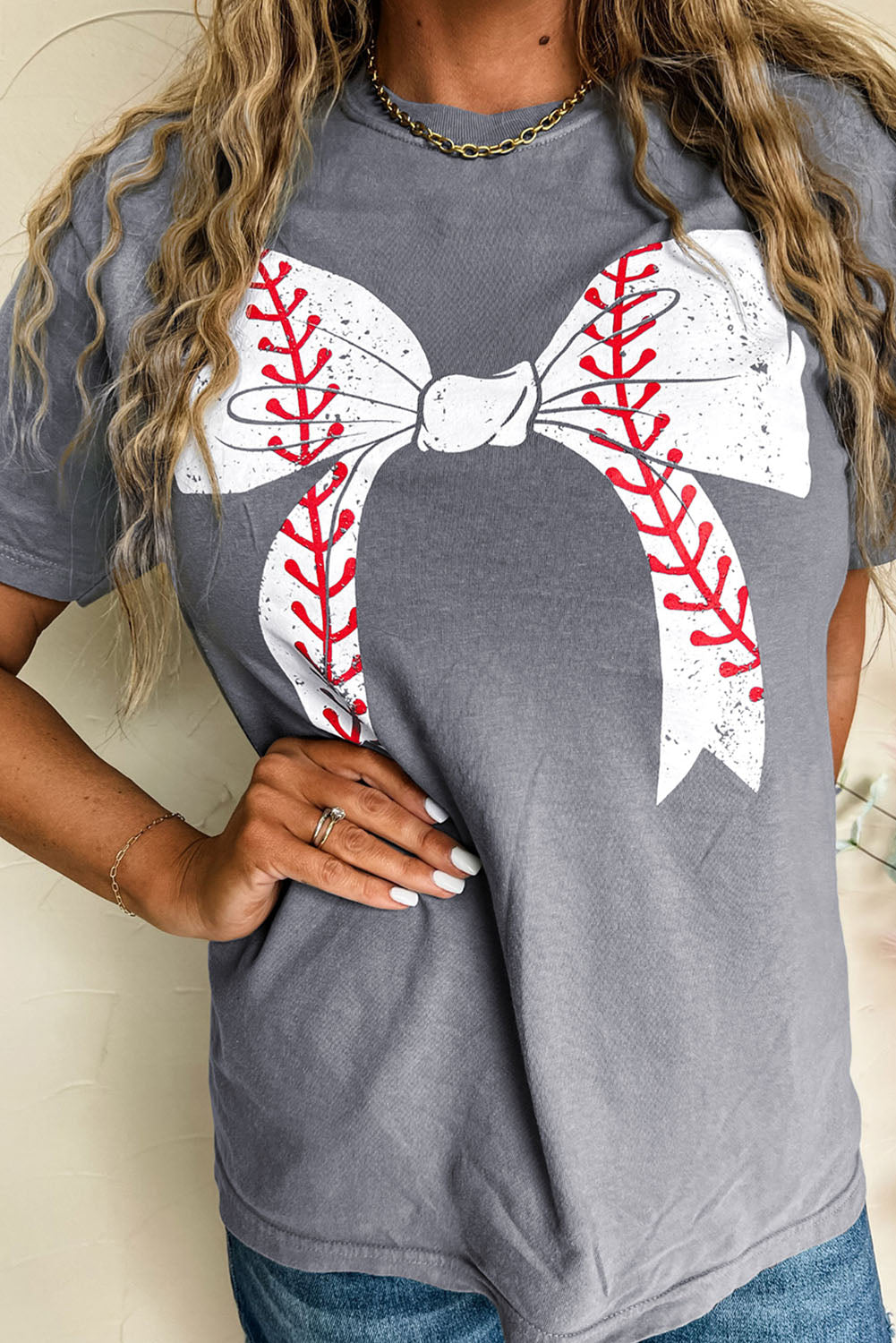 Gray Baseball Bowknot Graphic Tee – Women’s Casual Crew Neck T-Shirt