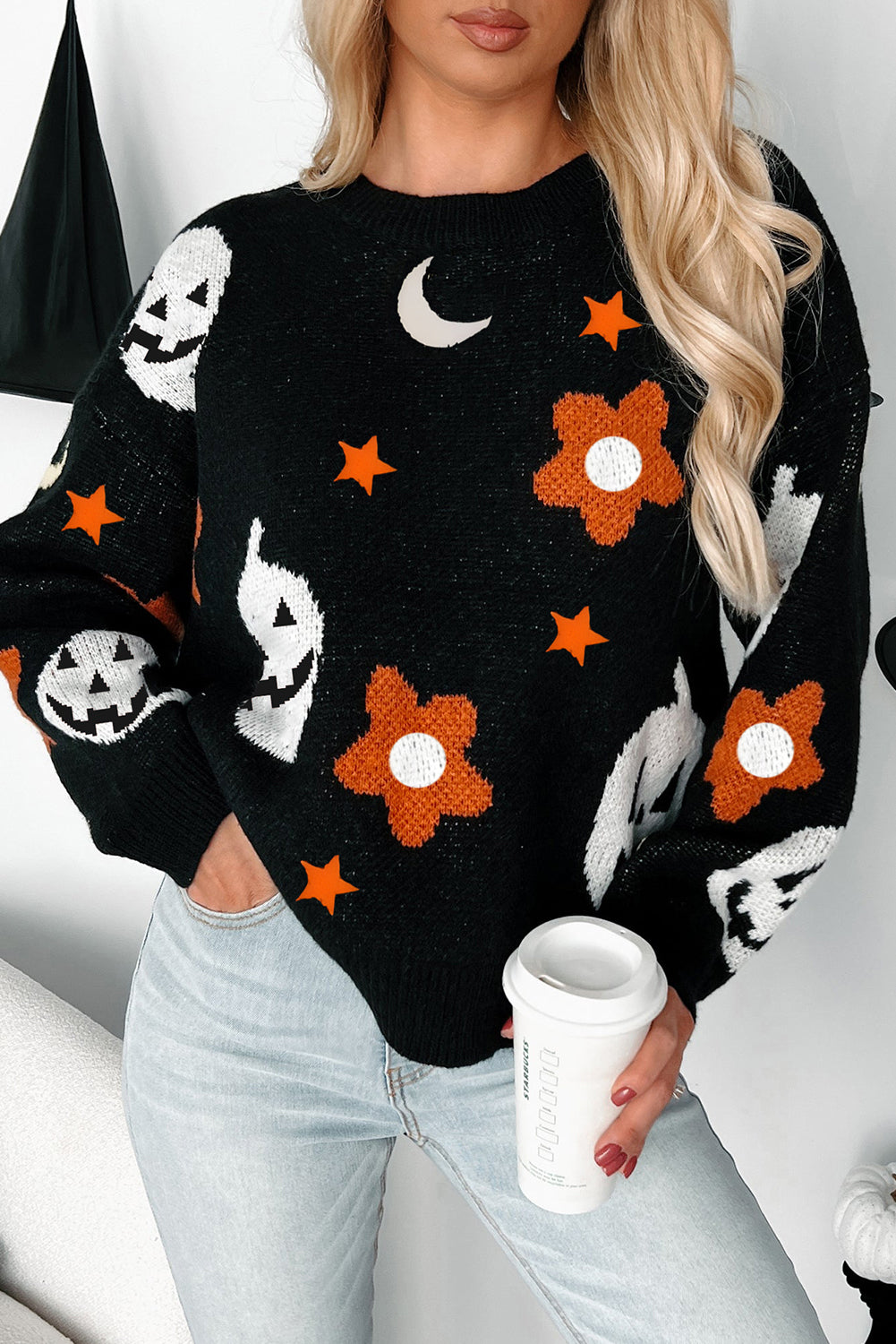 Black Halloween Mythical Night Sweater – Drop Shoulder Knit Pullover for Women