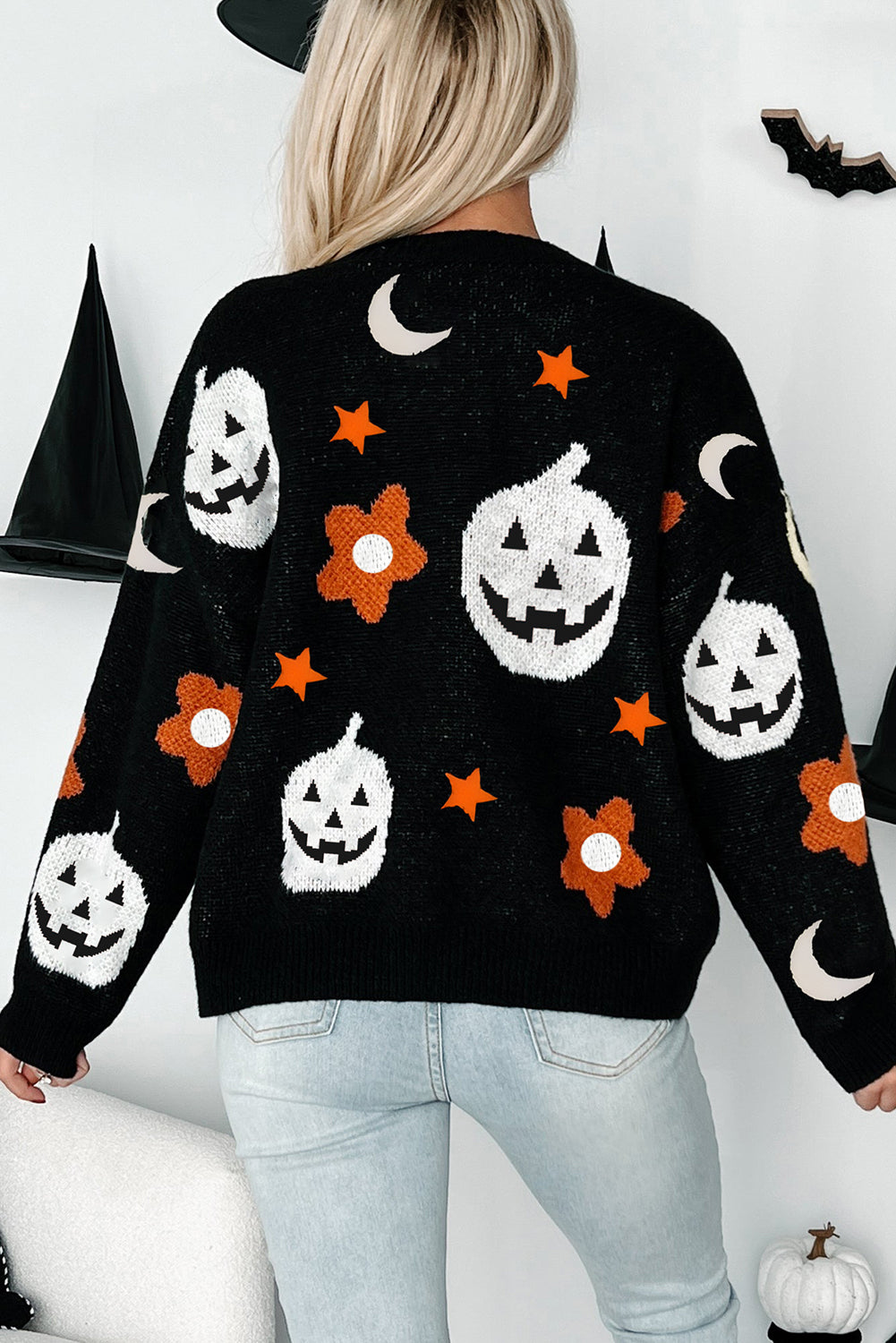 Black Halloween Mythical Night Sweater – Drop Shoulder Knit Pullover for Women