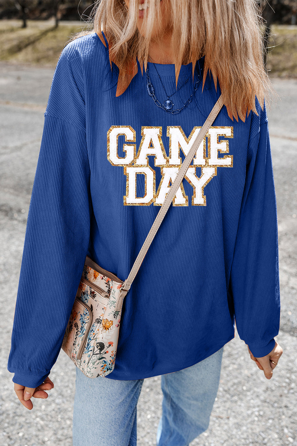 Dark Blue GAME DAY Glitter Sweatshirt – Ribbed Drop Shoulder Pullover