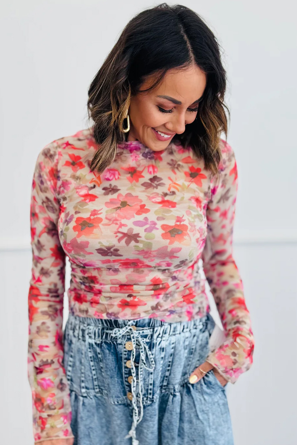 Floral Fantasy Mesh Long Sleeve Top