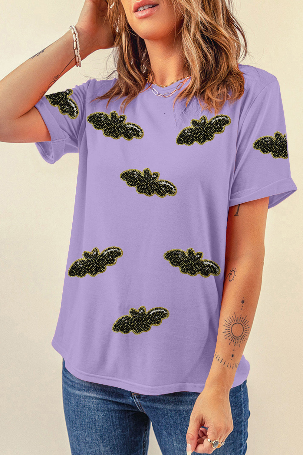 Wisteria Sequin Halloween Bat T-Shirt – Women’s Casual Crew Neck Tee