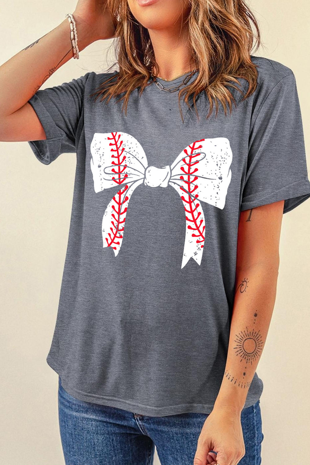Gray Baseball Bowknot Graphic Tee – Women’s Casual Crew Neck T-Shirt