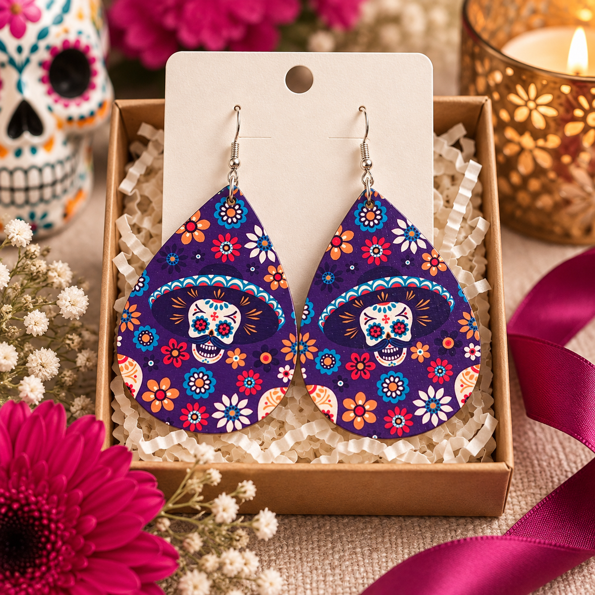 Midnight Fiesta wood teardrop earrings presented in a gift box with colorful floral and festive styling