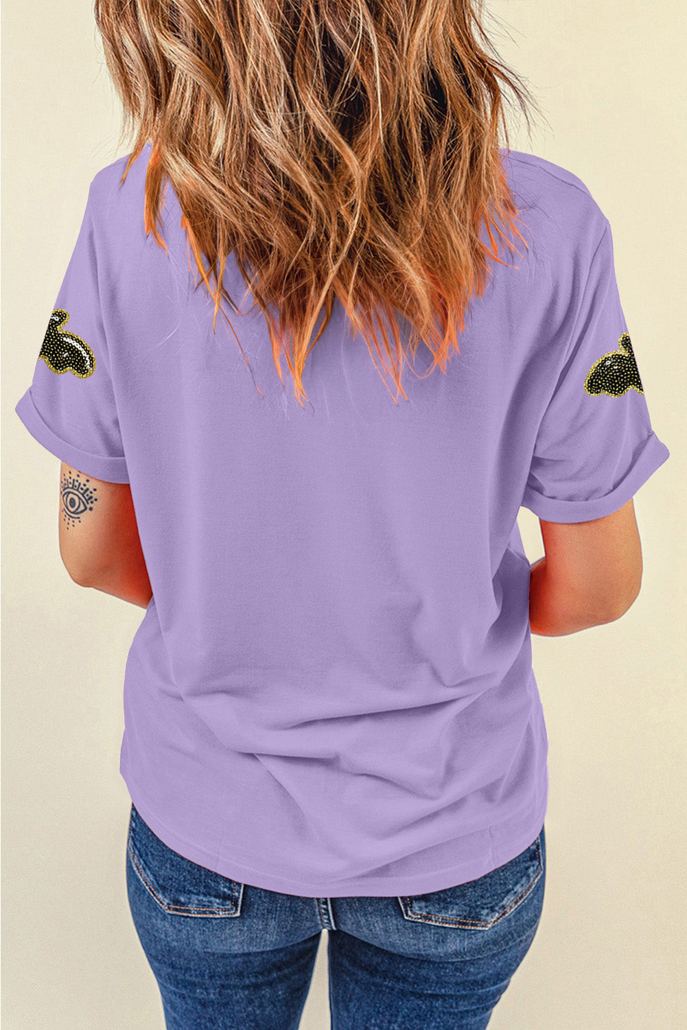 Wisteria Sequin Halloween Bat T-Shirt – Women’s Casual Crew Neck Tee