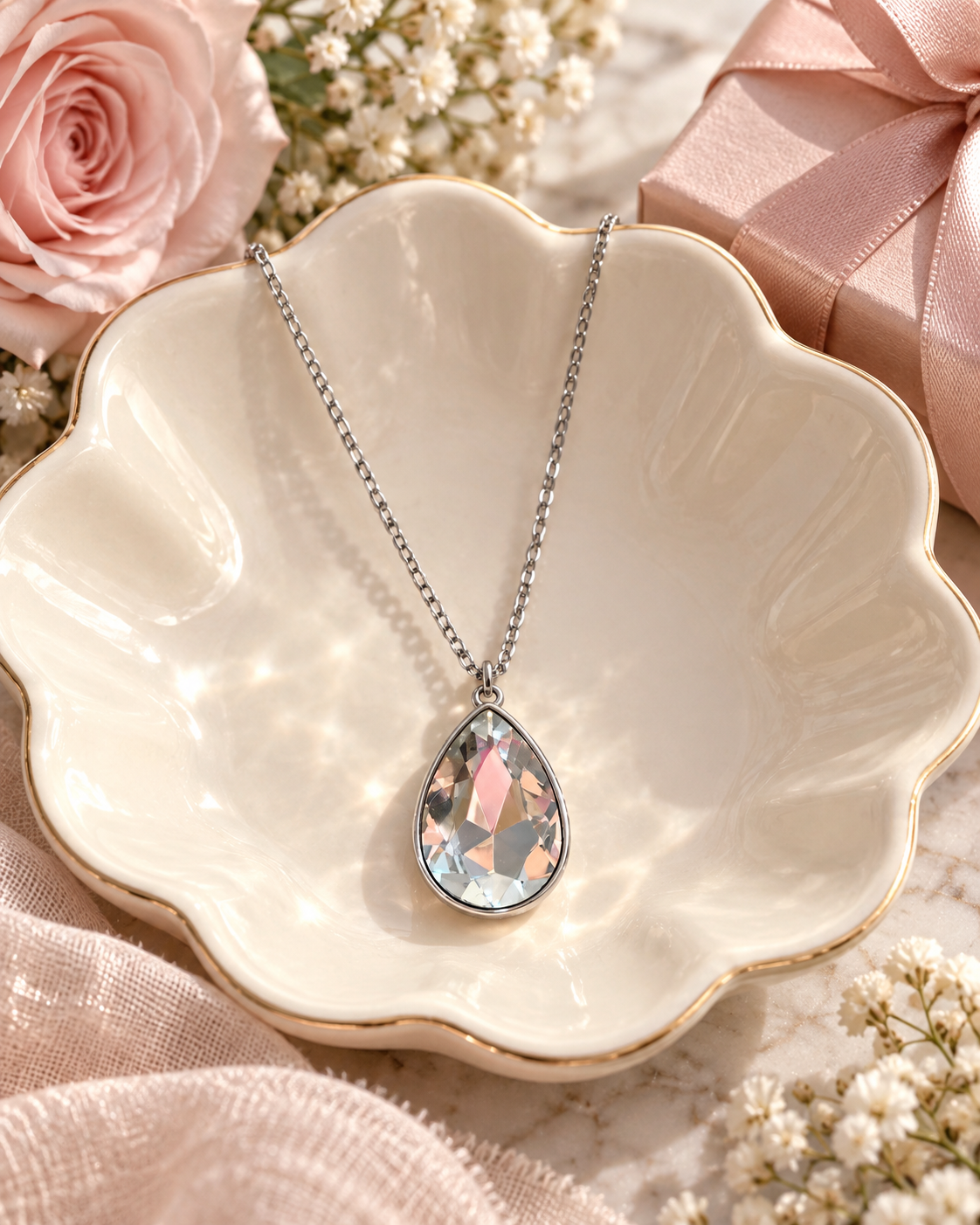 Afterglow teardrop pendant necklace styled in a cream jewelry dish with blush gift-ready accents