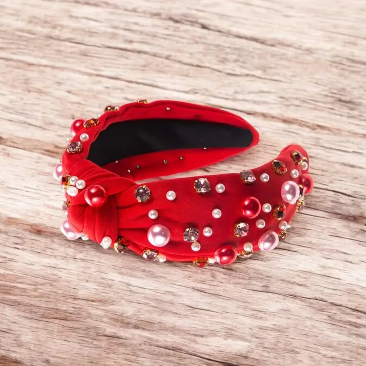 A Love Bomb Top Knot Faux Pearl and Rhinestone Headband