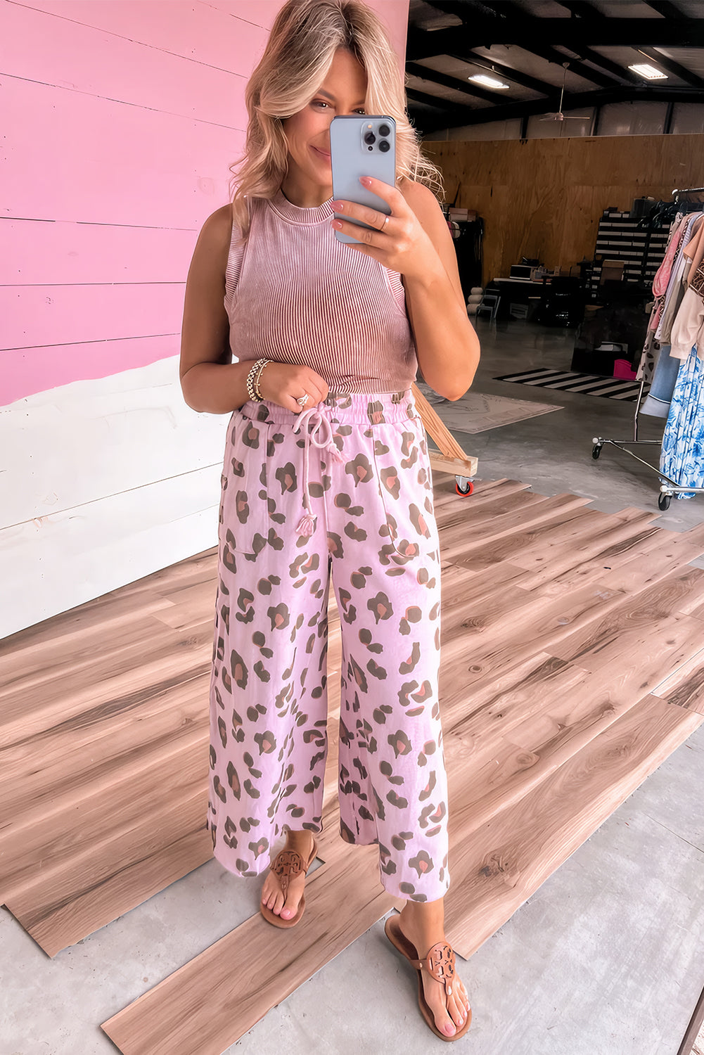 Pink Leopard Print Drawstring Wide Leg Pants – Women’s Patch Pocket Lounge Trousers