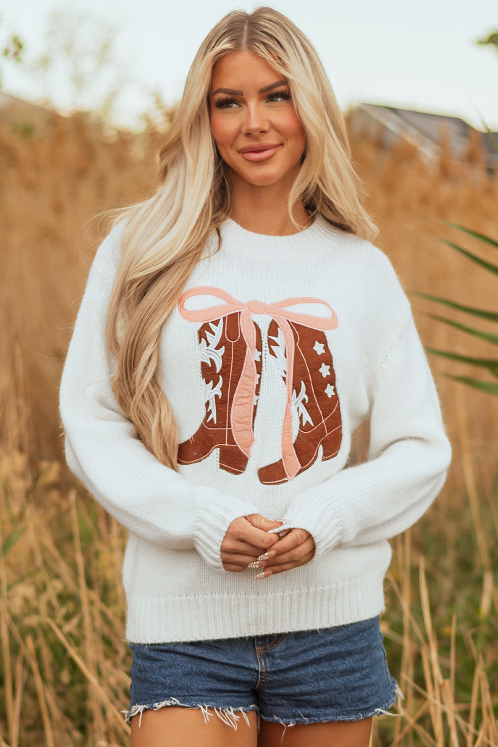 Boots & Bows Embroidered Graphic Sweater