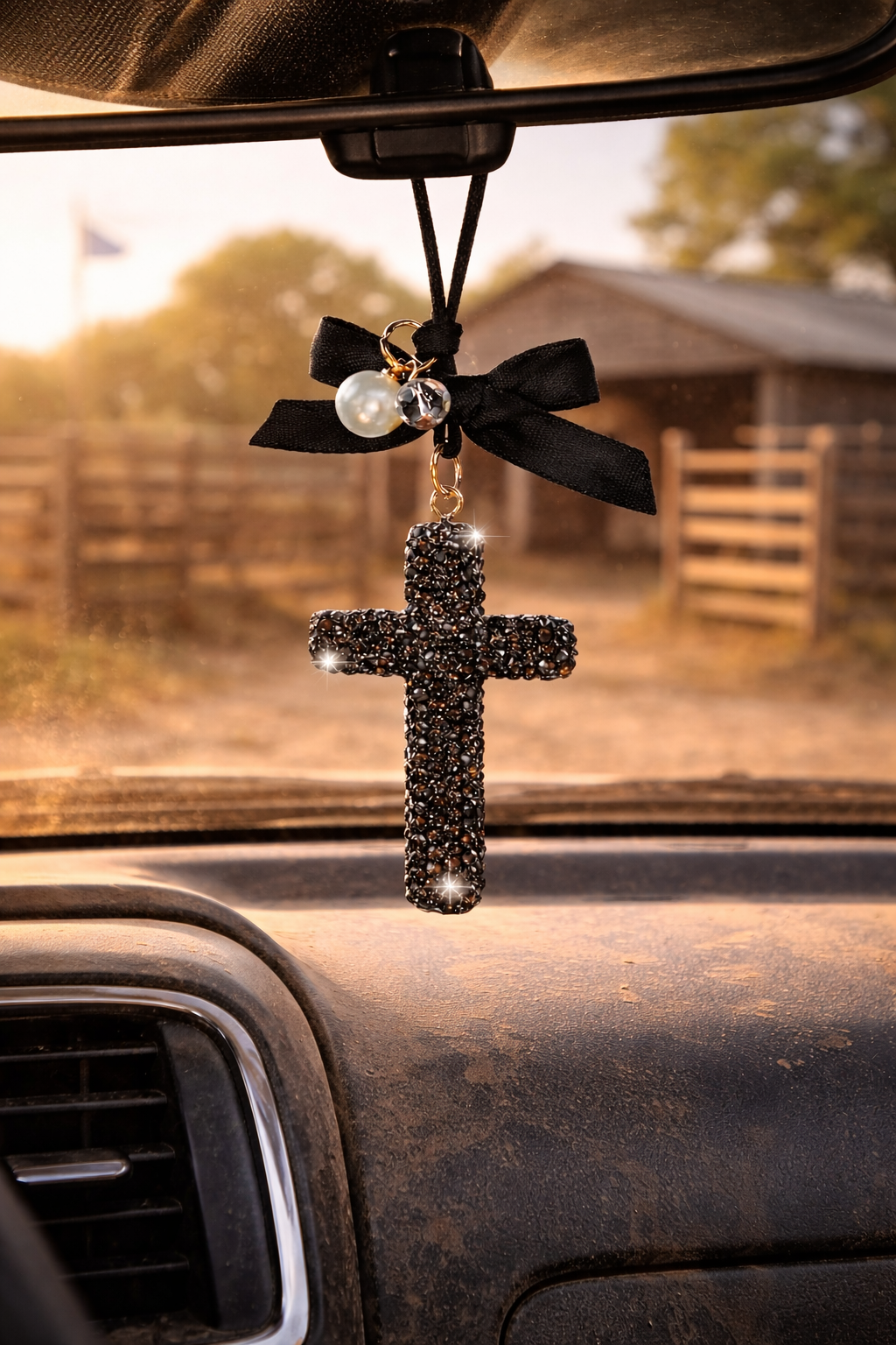 Midnight Grace Rhinestone Cross Car Charm