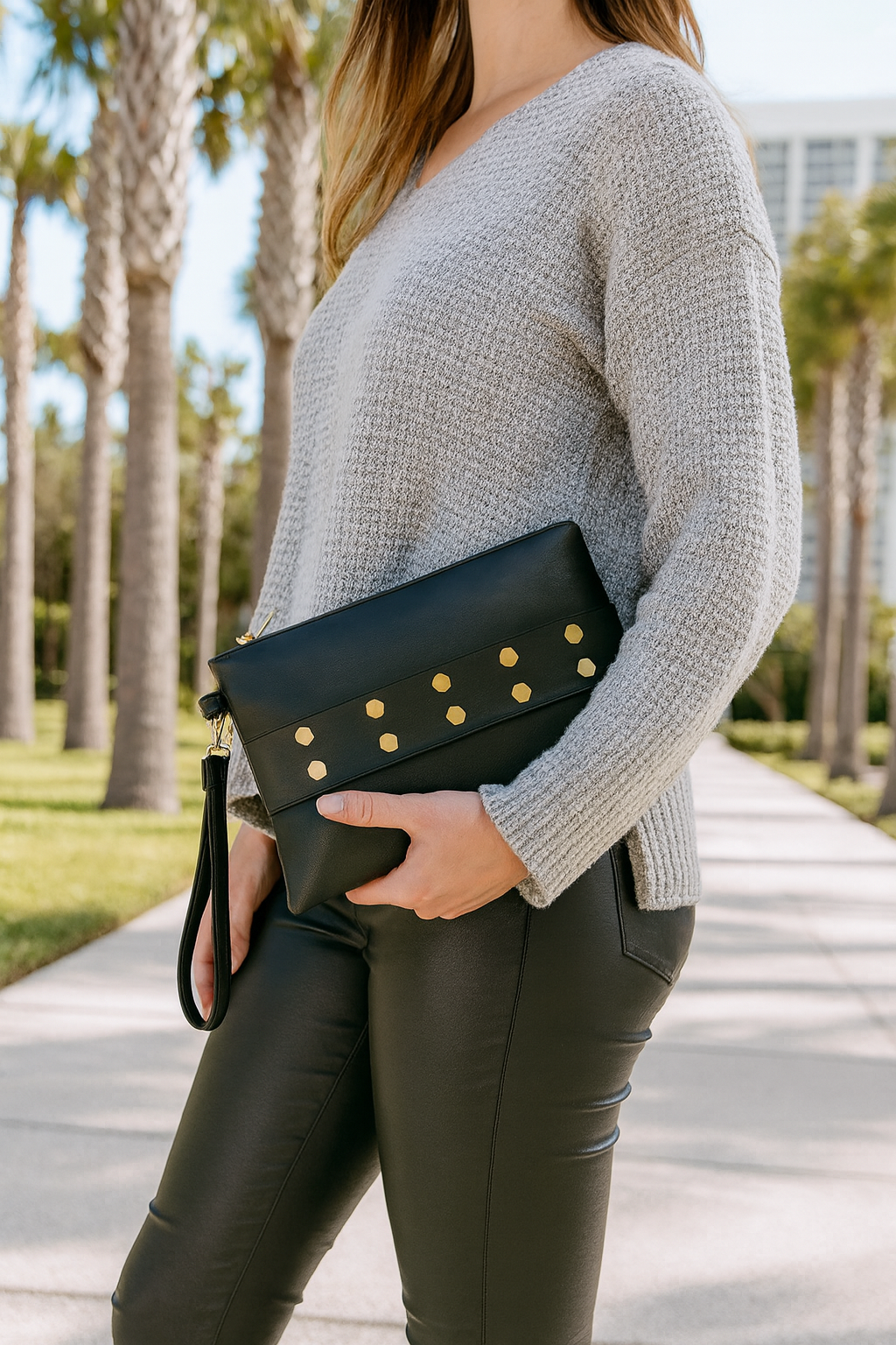 Get Up, Grab It and Go Oversized Studded Wristlet Clutch