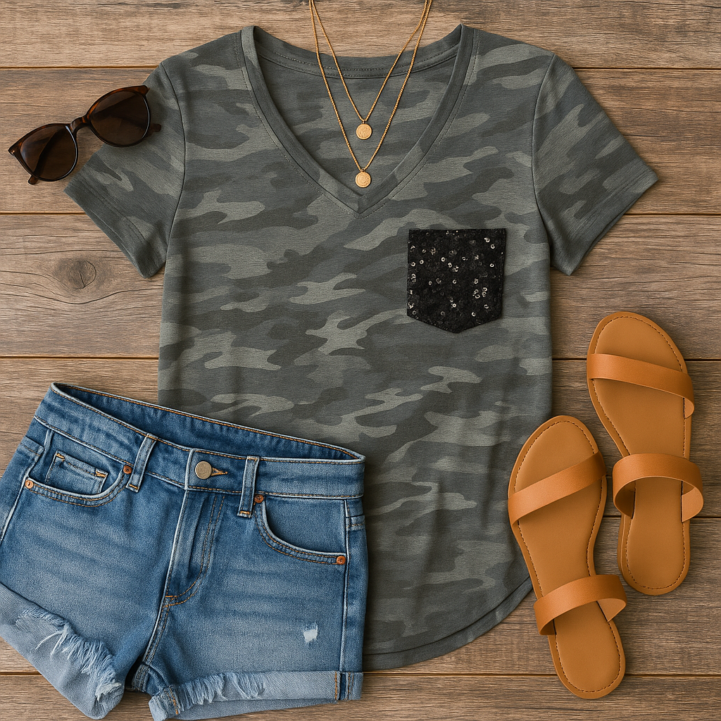 Camo V Neck Full Black Glitter Pocket