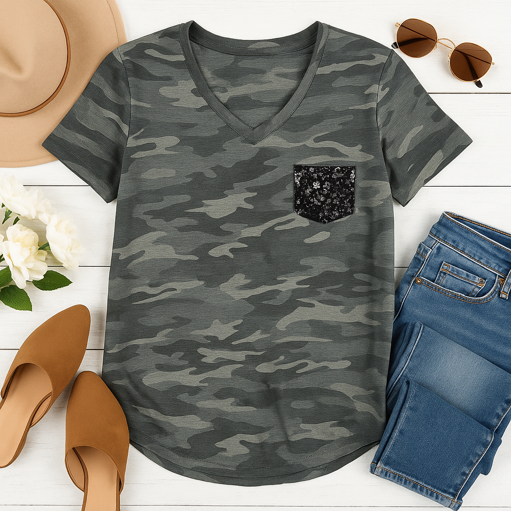 Camo V Neck Full Black Glitter Pocket