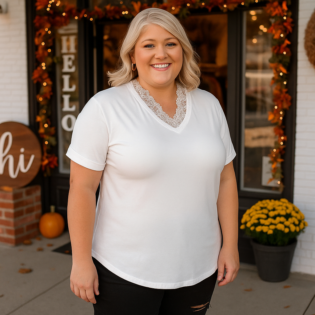 V Neck With Lace Trim in White