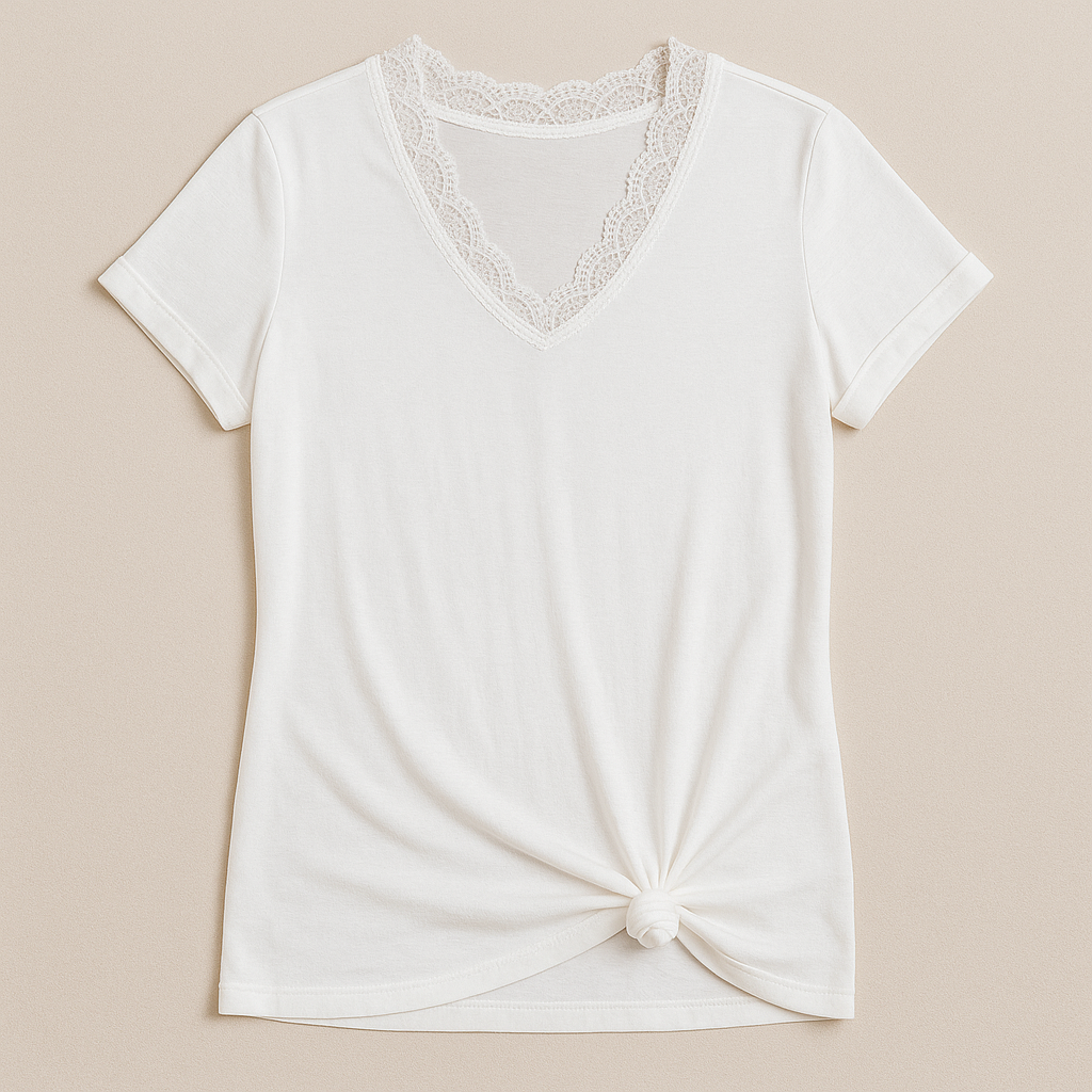 V Neck With Lace Trim in White