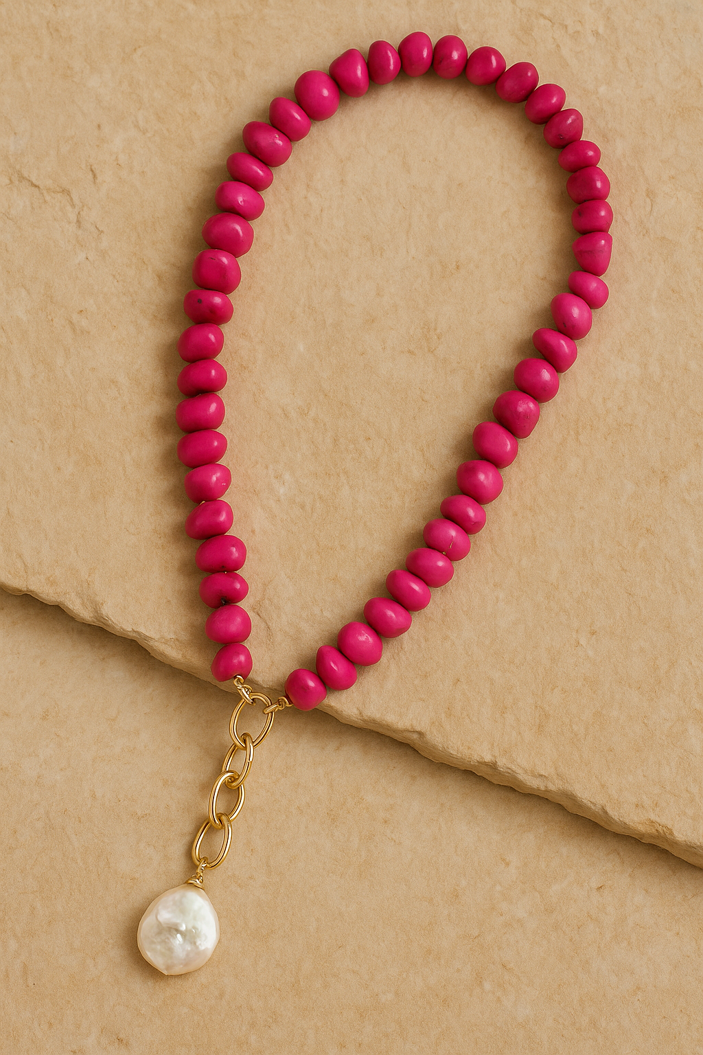 Cienta Chipped Stone Necklace with Pearl FUCHSIA