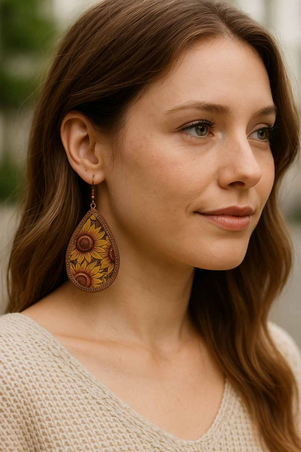In A Field On Sunflowers Vegan Leather Teardrop Western Earrings