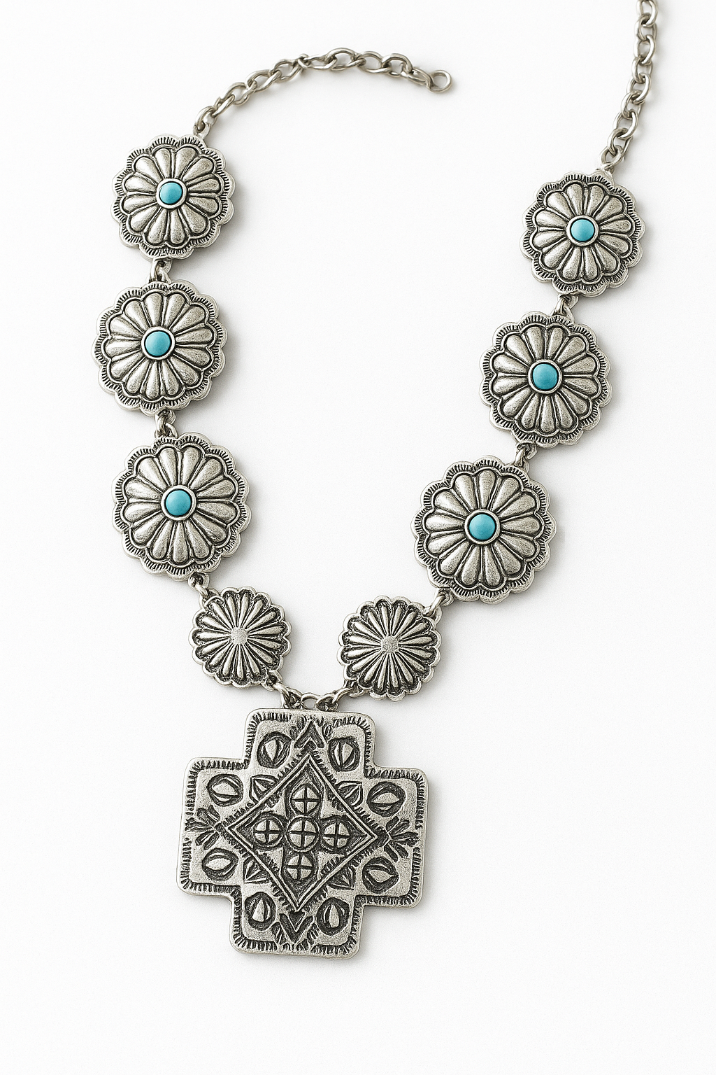Prairie Starburst Necklace – Western Concho Statement with Faux Turquoise Accents