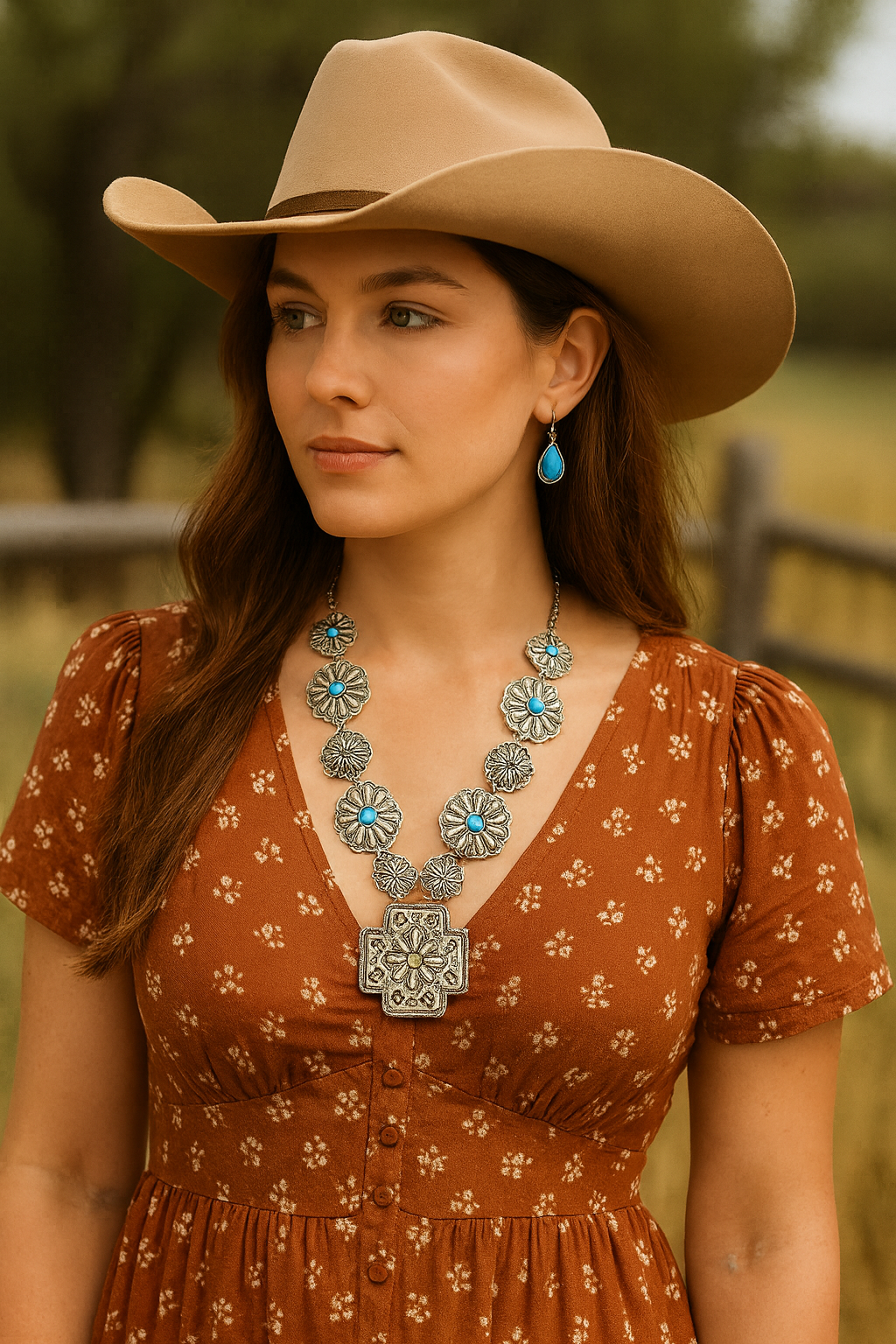 Prairie Starburst Necklace – Western Concho Statement with Faux Turquoise Accents