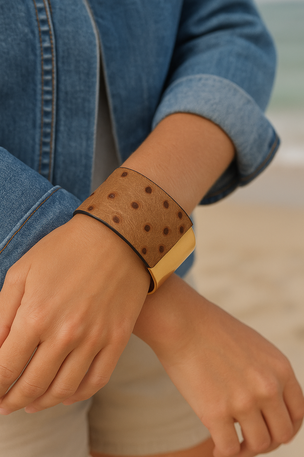 Vegan Leather Wide Bangle Wrap Tan Bracelet