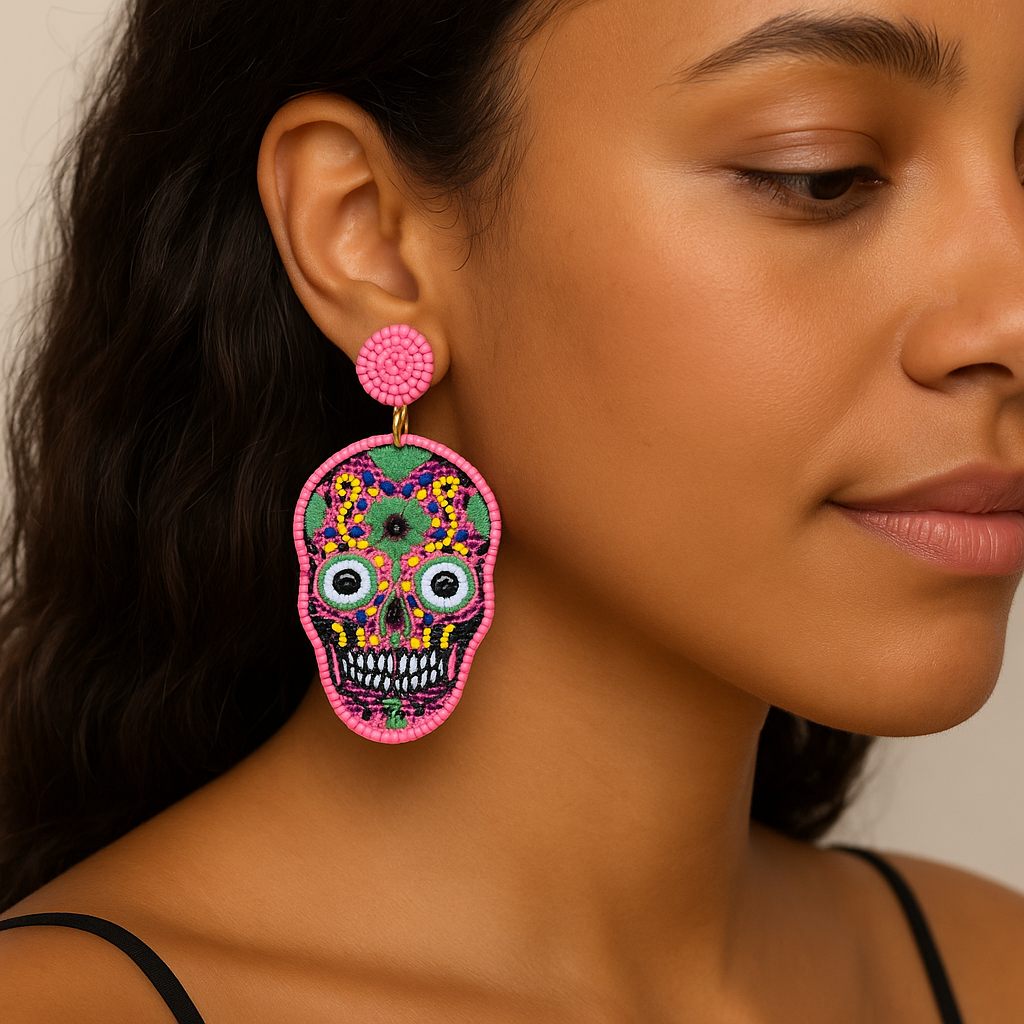 Pink Sugar Skull Seed Bead Earrings