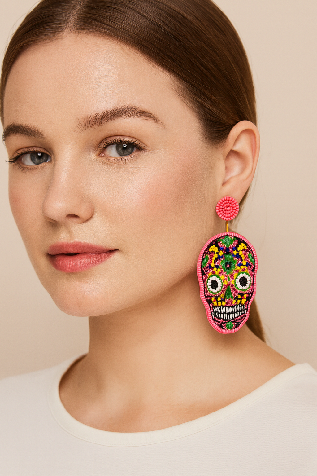Pink Sugar Skull Seed Bead Earrings