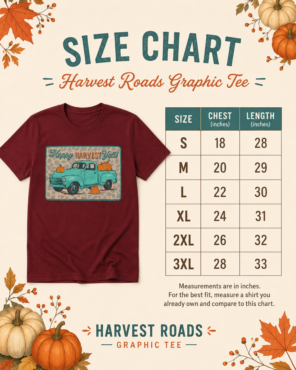 Harvest Roads Graphic Tee size chart showing chest and length measurements from S through 3XL