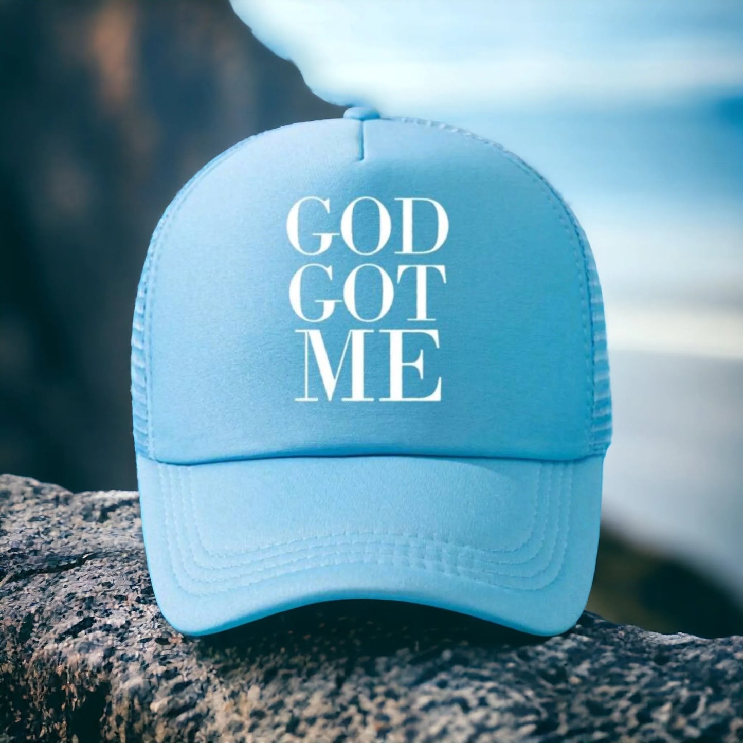 God Got Me Trucker Snap Back Hat In Baby Blue