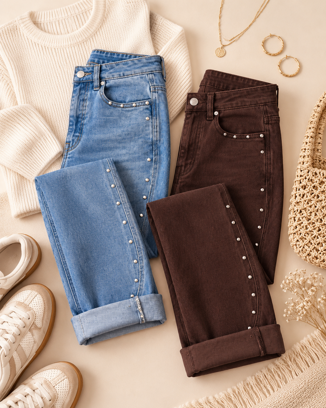 Two pairs of folded jeans styled in a flat lay: light blue denim with silver stud embellishments and dark brown corduroy-style jeans with matching silver studs. The jeans are arranged with a cream sweater, white sneakers, gold jewelry, and a woven bag on a beige background.