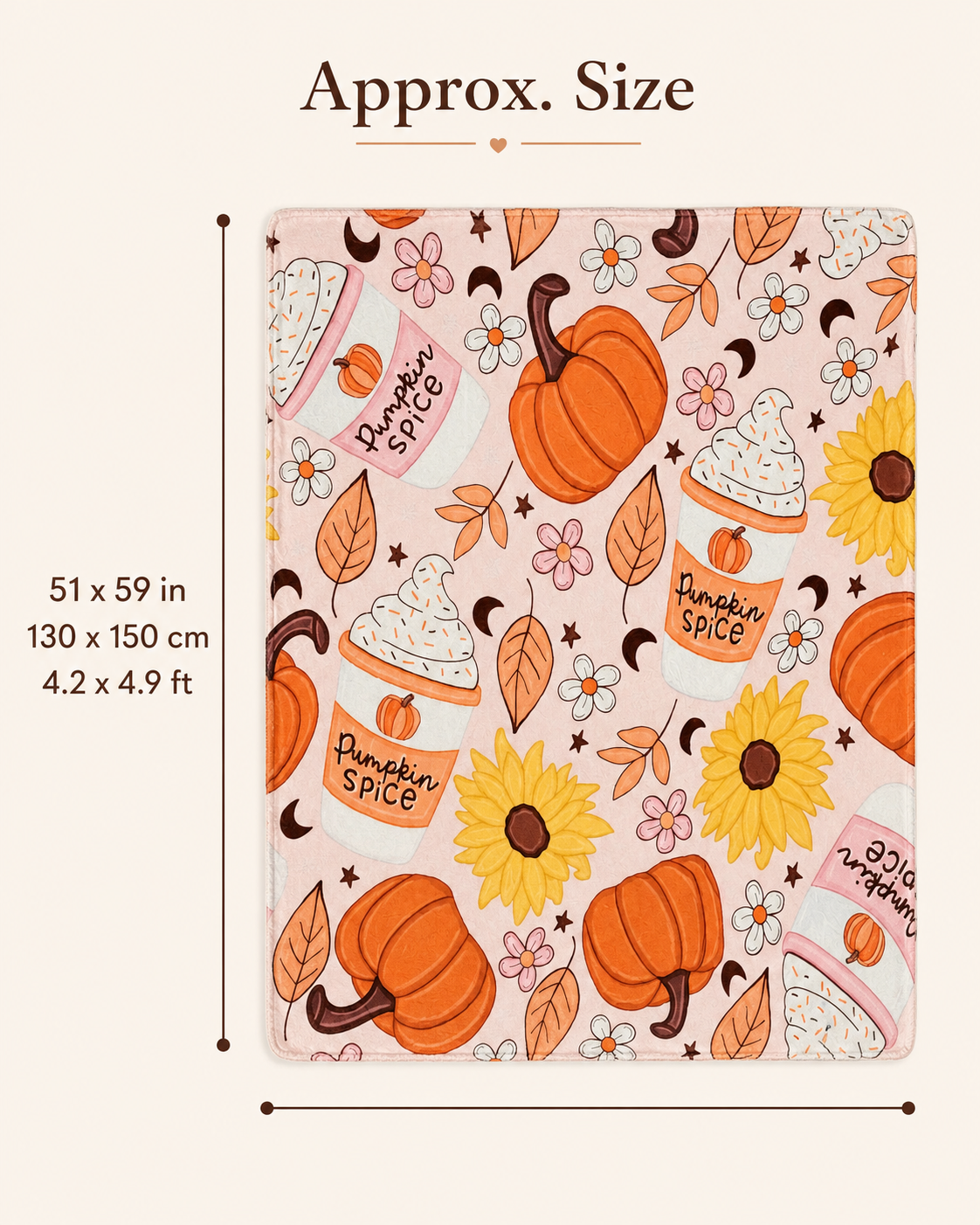 Pumpkin Spice Daydream throw blanket size guide showing approximate dimensions of 51 by 59 inches