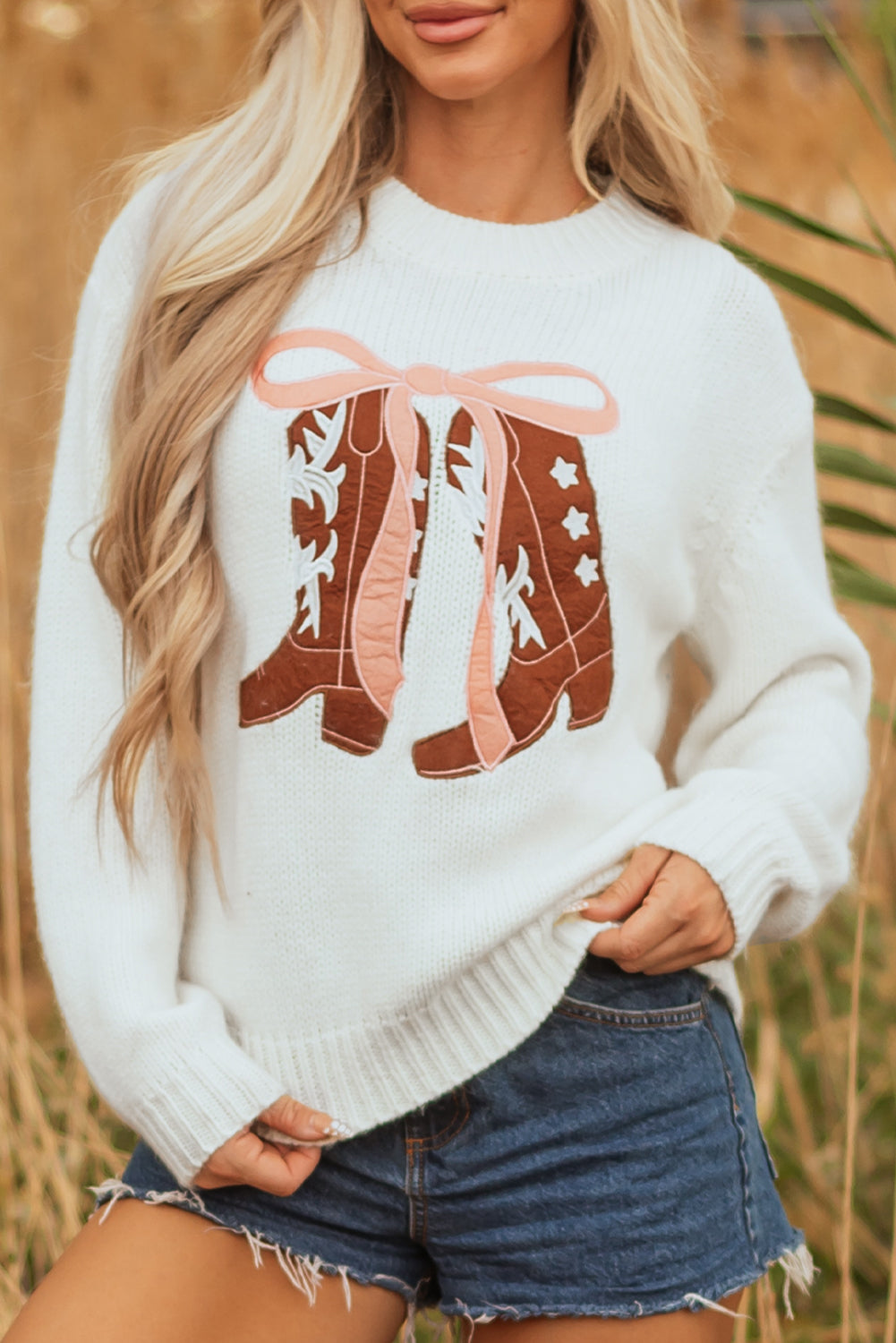 Boots & Bows Embroidered Graphic Sweater