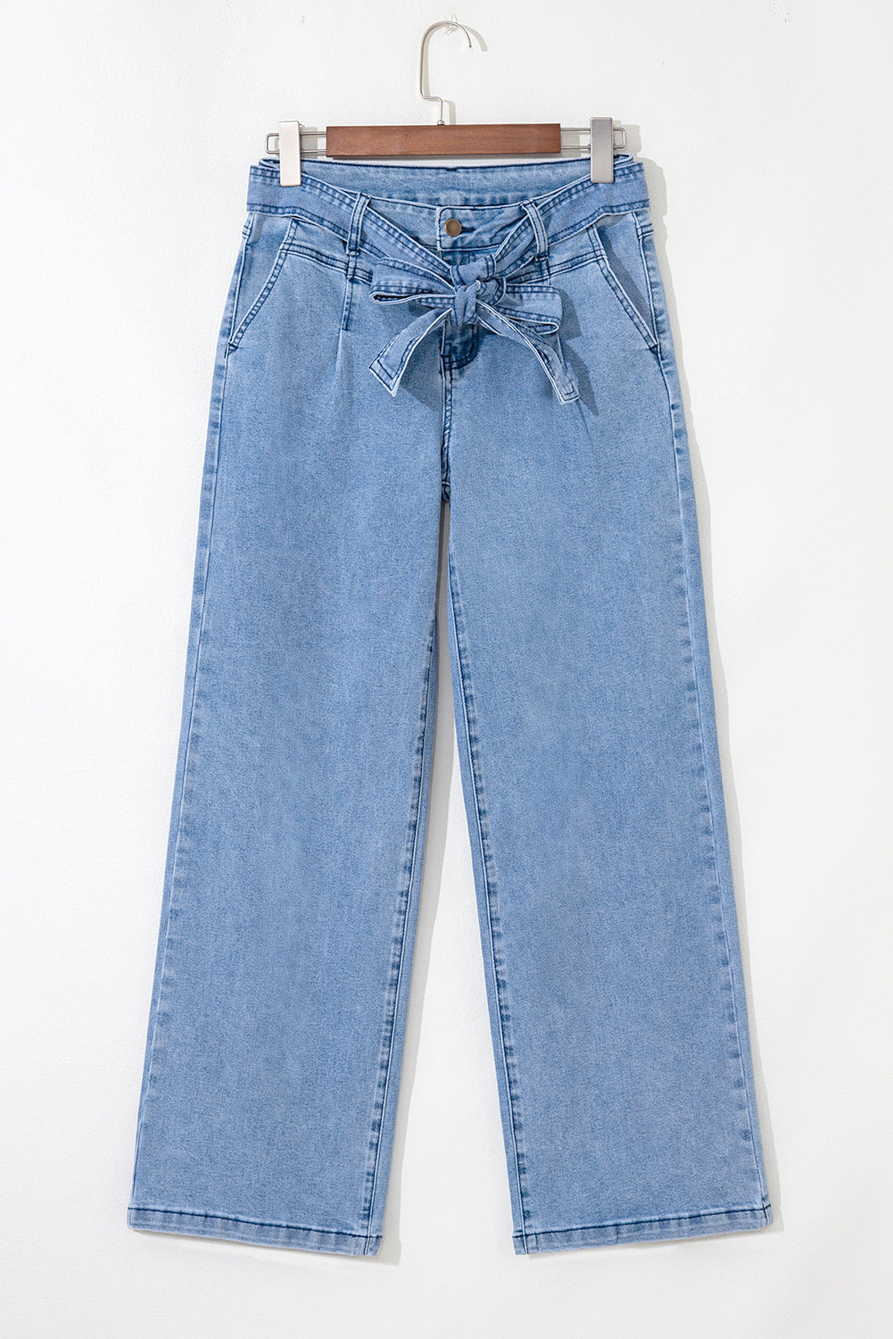 Beau Blue Western Washed Bow Knot Wide Leg Jeans – High Waist Paperbag Denim