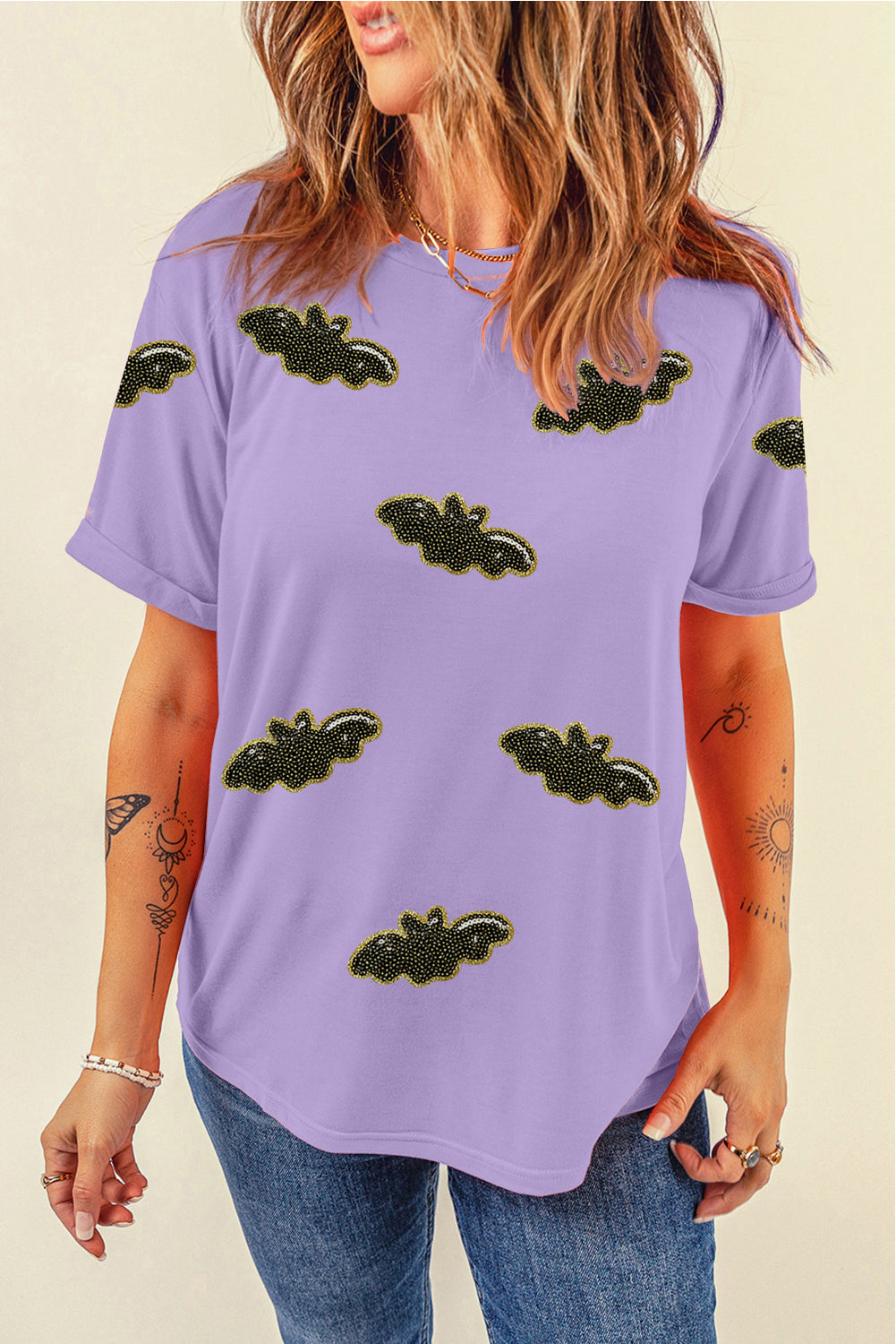 Wisteria Sequin Halloween Bat T-Shirt – Women’s Casual Crew Neck Tee