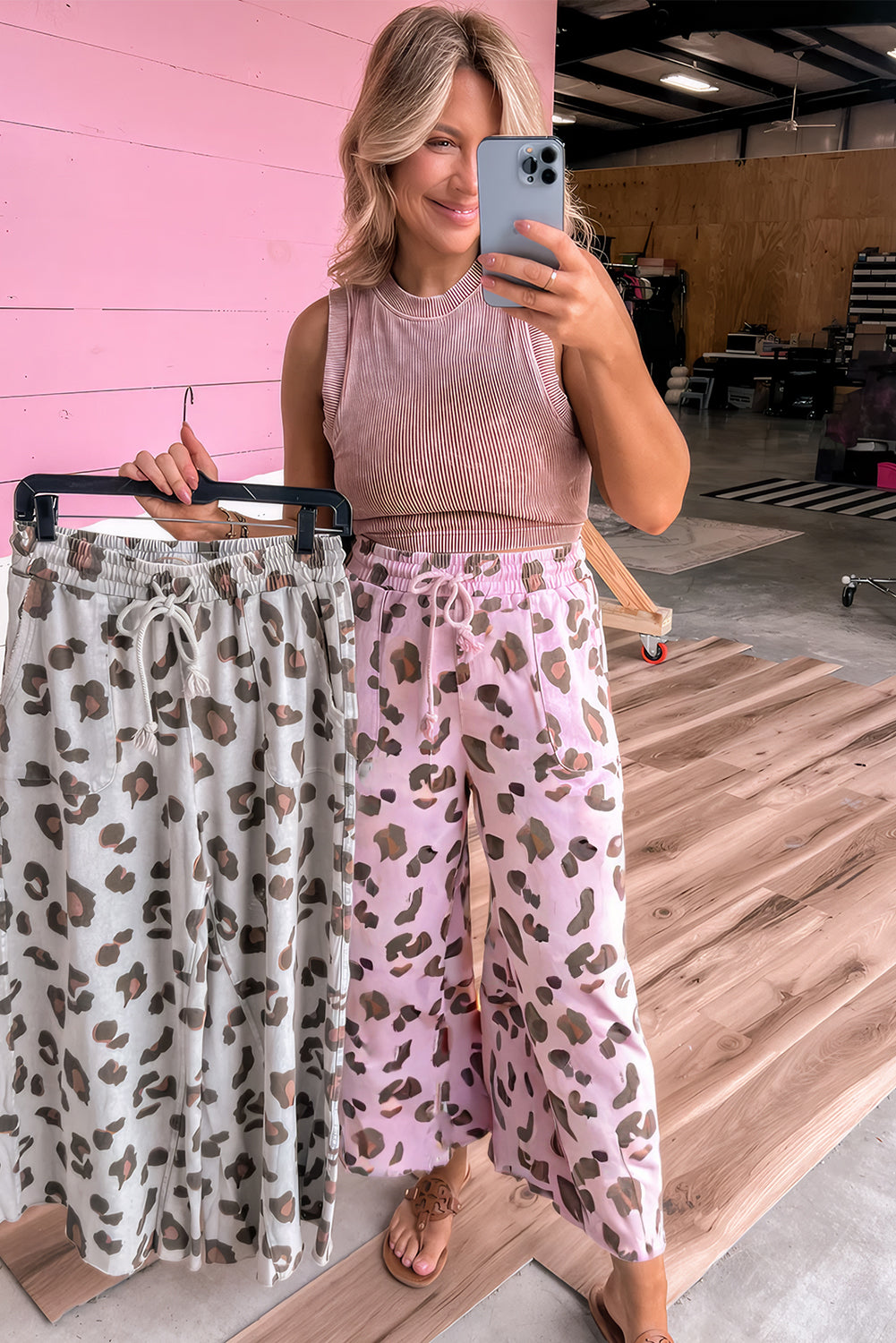 Pink Leopard Print Drawstring Wide Leg Pants – Women’s Patch Pocket Lounge Trousers