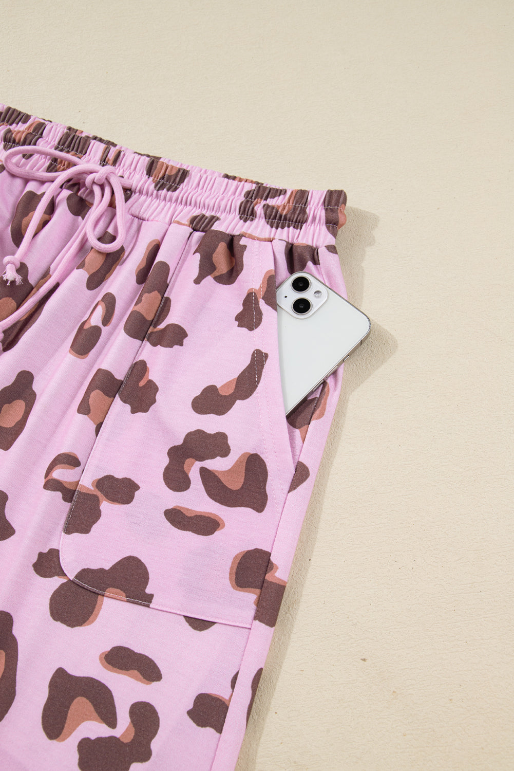 Pink Leopard Print Drawstring Wide Leg Pants – Women’s Patch Pocket Lounge Trousers