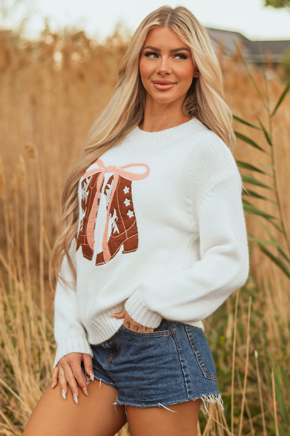 Boots & Bows Embroidered Graphic Sweater