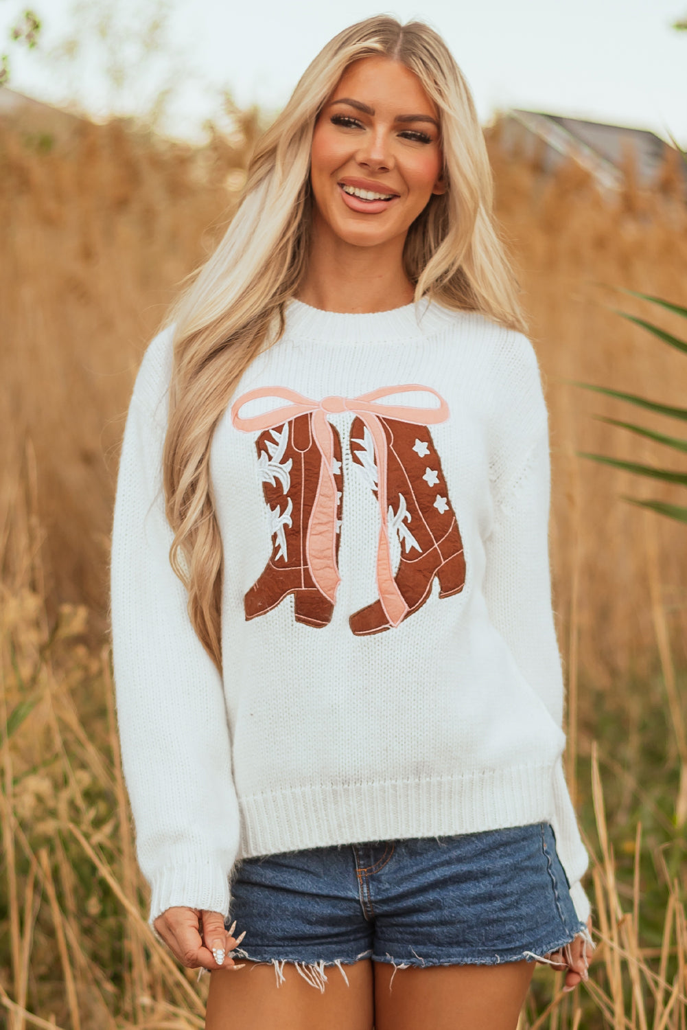 Boots & Bows Embroidered Graphic Sweater