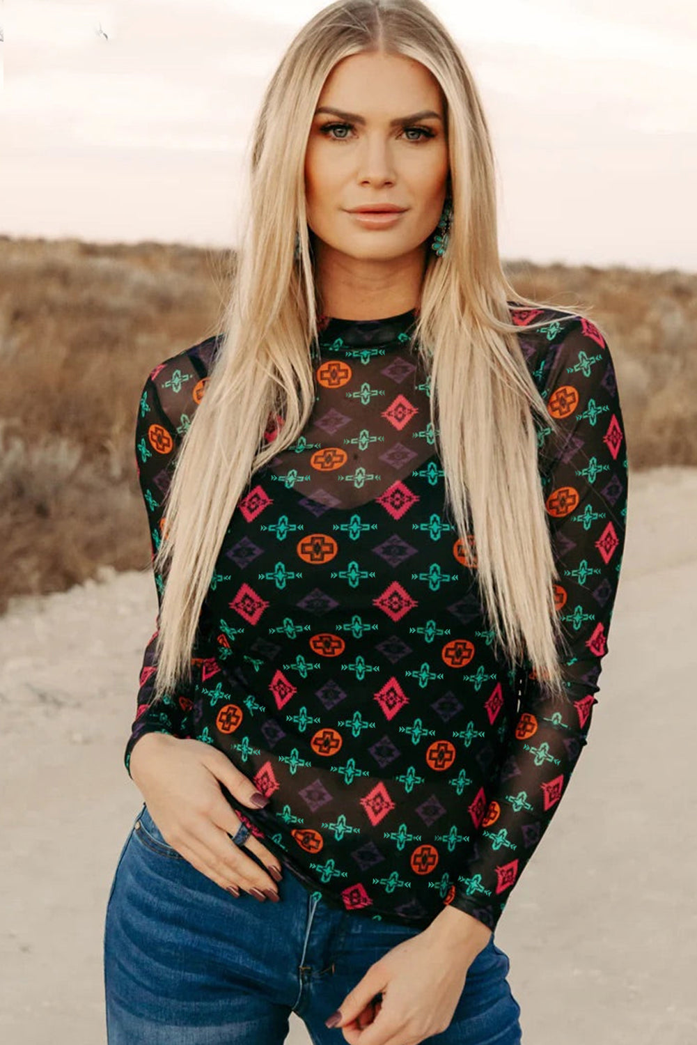 Midnight Mesa Aztec Mesh Top | Western Slim Fit Long Sleeve