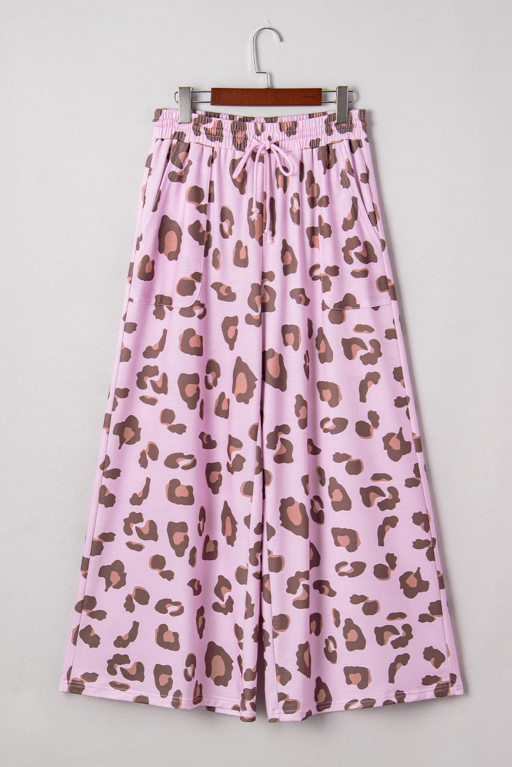 Pink Leopard Print Drawstring Wide Leg Pants – Women’s Patch Pocket Lounge Trousers