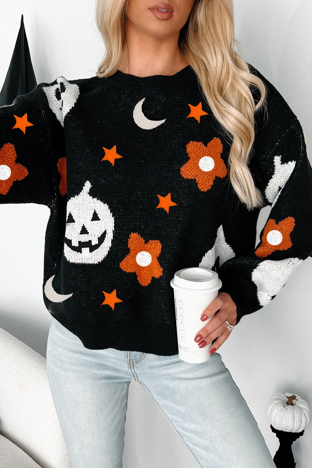 Black Halloween Mythical Night Sweater – Drop Shoulder Knit Pullover for Women