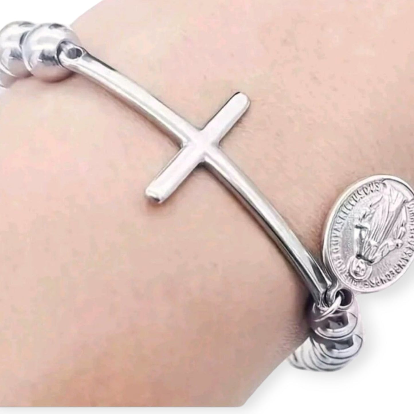 Stainless Steel 8mm Round Bead Stretch Cross Bracelet